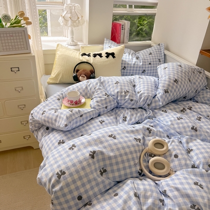 韩都家居 2024新款ins风超柔水洗云朵棉混搭蝴蝶结四件套 混搭蝴蝶结-兰黑