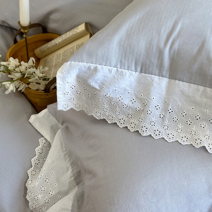 91家纺网 家纺一手货源 找家纺 窝米 2024新款全棉轻氧纱蕾丝花边款四件套系列 轻氧纱-冰川灰