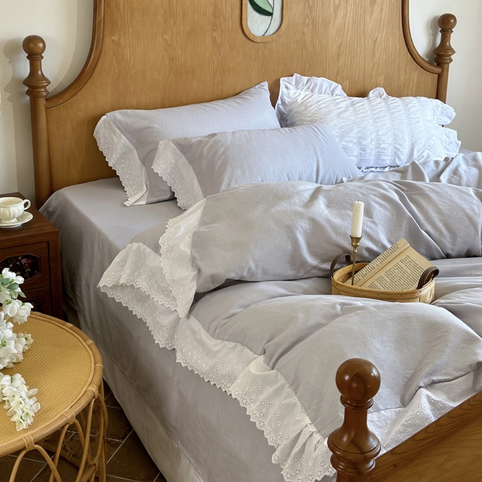 91家纺网 家纺一手货源 找家纺 窝米 2024新款全棉轻氧纱蕾丝花边款四件套系列 轻氧纱-海湾蓝