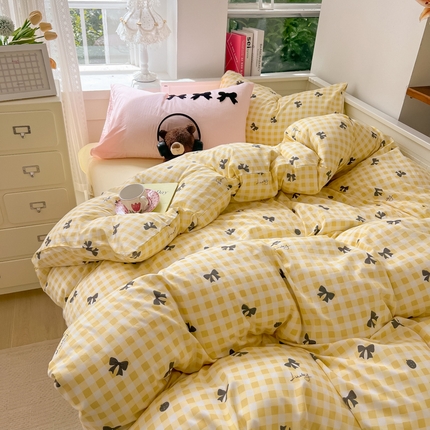 91家纺网 家纺一手货源 找家纺 （总）韩都家居 2024新款ins风超柔水洗云朵棉混搭蝴蝶结四件套