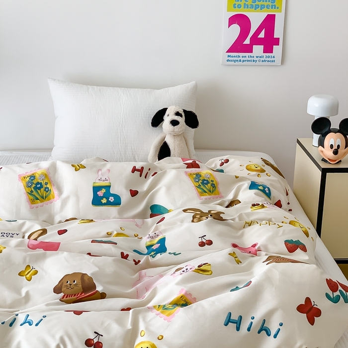 91家纺网 家纺一手货源 找家纺 窝米 2024新款韩国设计师卡通手绘单品被套系列 友趣派对