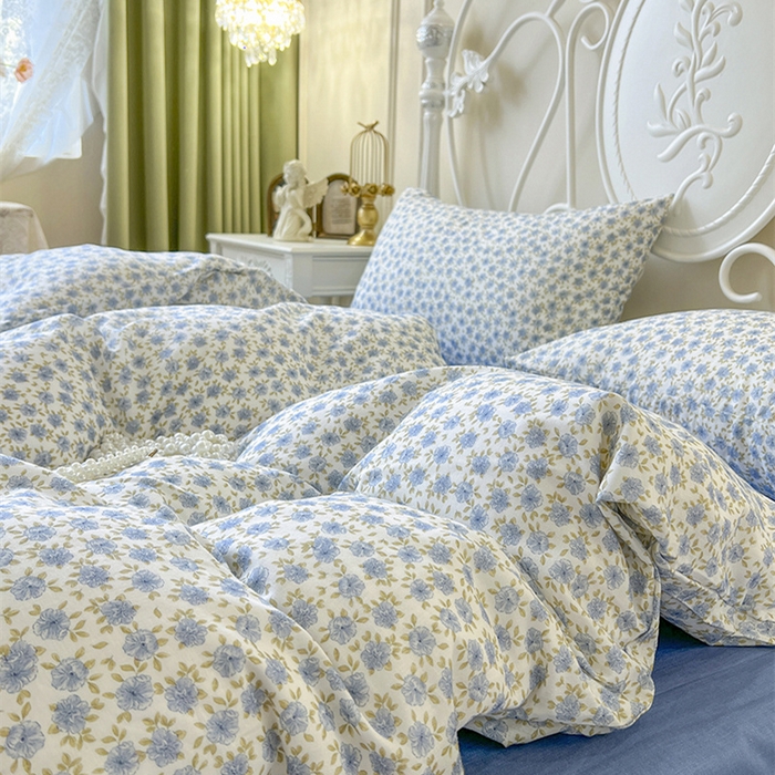 91家纺网 家纺一手货源 找家纺 麒豆豆 2024新款全棉双层纱四件套樱花-蓝