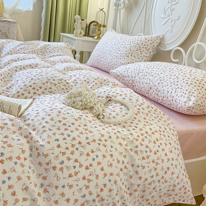 91家纺网 家纺一手货源 找家纺 麒豆豆 2024新款全棉双层纱四件套花间-粉