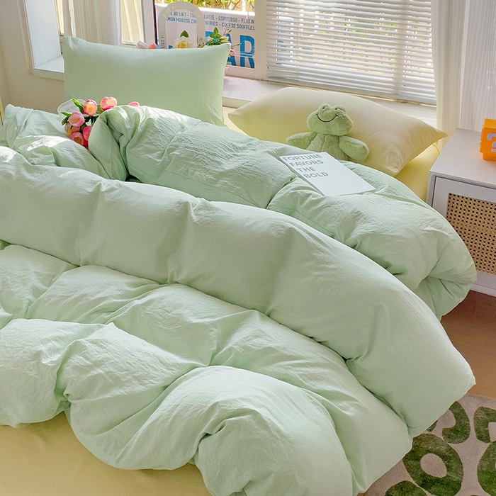 91家纺网 家纺一手货源 找家纺 森璐家纺 2024新款1ins风水洗棉四件套纯色四件套混搭素色四件套（二） 混搭-藻绿黄