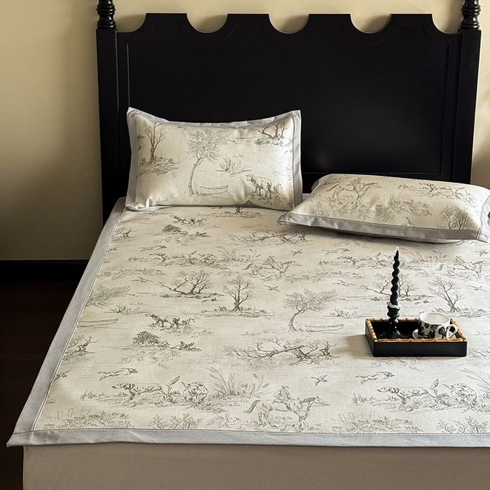 91家纺网 家纺一手货源 找家纺 圆岛家纺 2024新款900D复古手绘系列冰丝凉席 马丁-绿