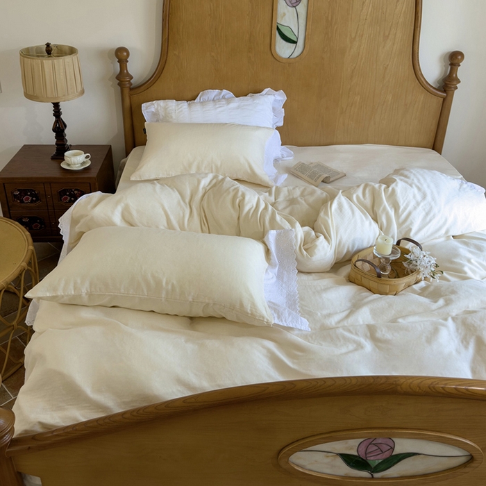 91家纺网 家纺一手货源 找家纺 窝米 2024新款全棉轻氧纱蕾丝花边款四件套系列 轻氧纱-奶茶白