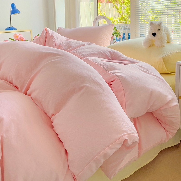 91家纺网 家纺一手货源 找家纺 森璐家纺 2024新款1ins风水洗棉四件套纯色四件套混搭素色四件套（二） 混搭-粉黄