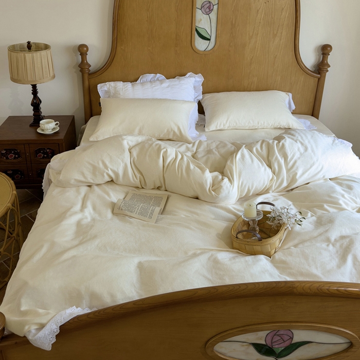 91家纺网 家纺一手货源 找家纺 窝米 2024新款全棉轻氧纱蕾丝花边款四件套系列 轻氧纱-奶茶白