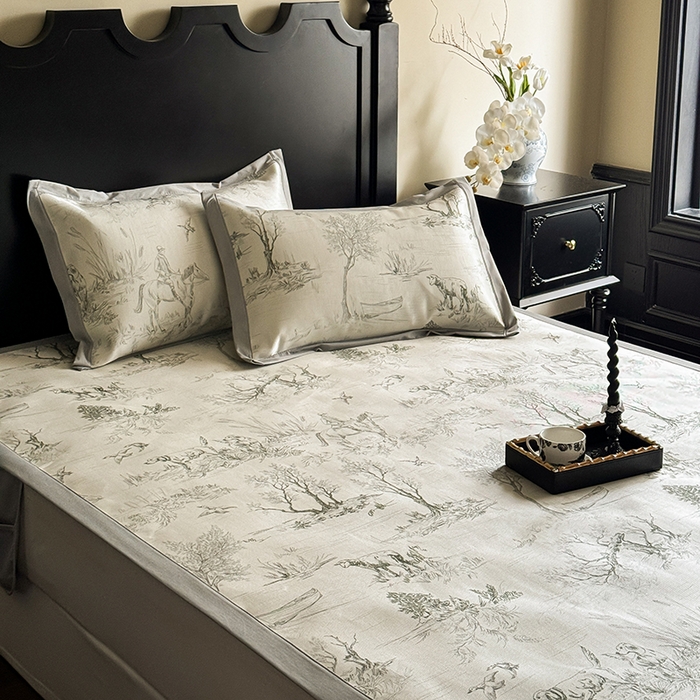 91家纺网 家纺一手货源 找家纺 圆岛家纺 2024新款900D复古手绘系列冰丝凉席 马丁-绿