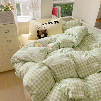 91家纺网 家纺一手货源 找家纺 韩都家居 2024新款ins风超柔水洗云朵棉混搭蝴蝶结四件套 混搭蝴蝶结-绿绿