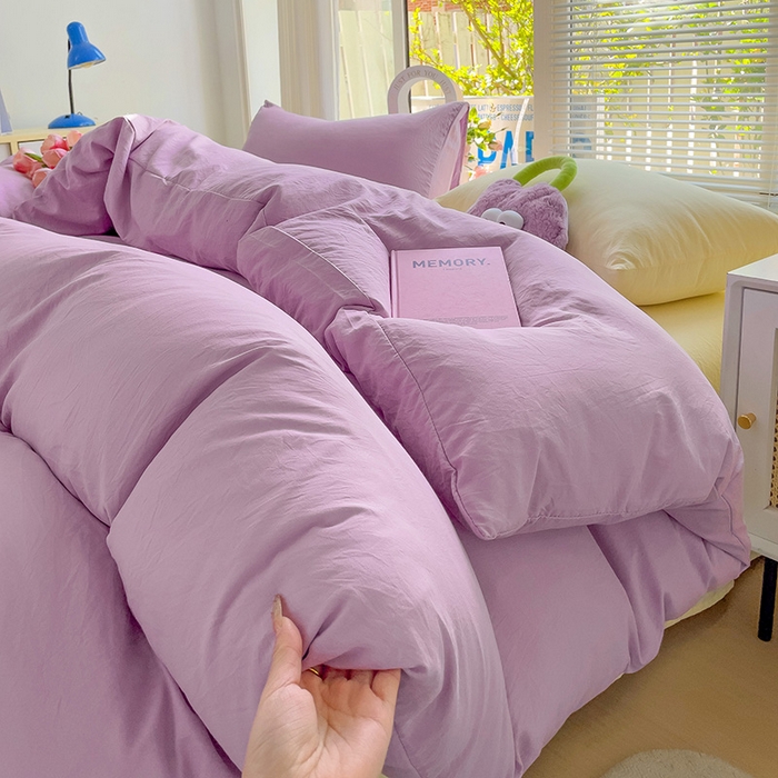 91家纺网 家纺一手货源 找家纺 森璐家纺 2024新款1ins风水洗棉四件套纯色四件套混搭素色四件套（二） 混搭-紫黄