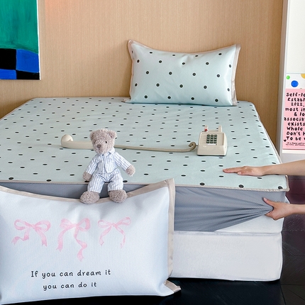 昔可家纺 2024床笠款冰藤席波点大版枕套系列 蓝波点