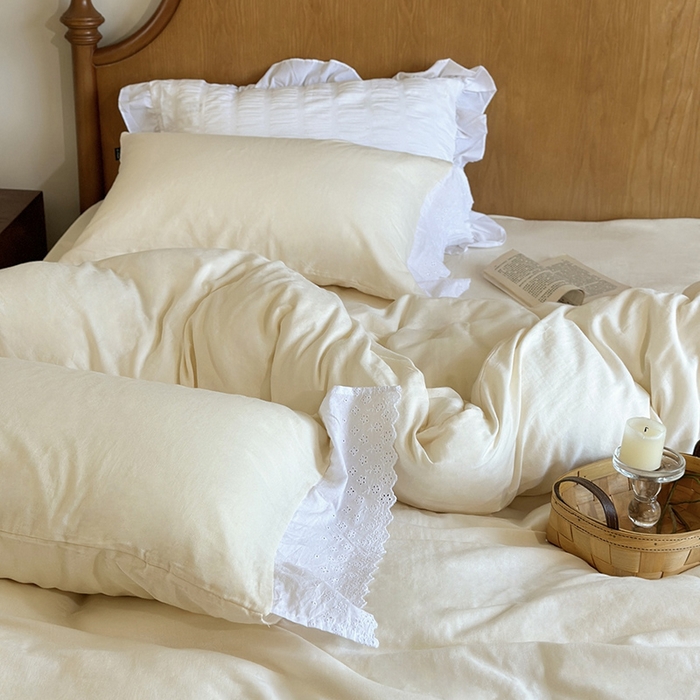 91家纺网 家纺一手货源 找家纺 窝米 2024新款全棉轻氧纱蕾丝花边款四件套系列 轻氧纱-奶茶白