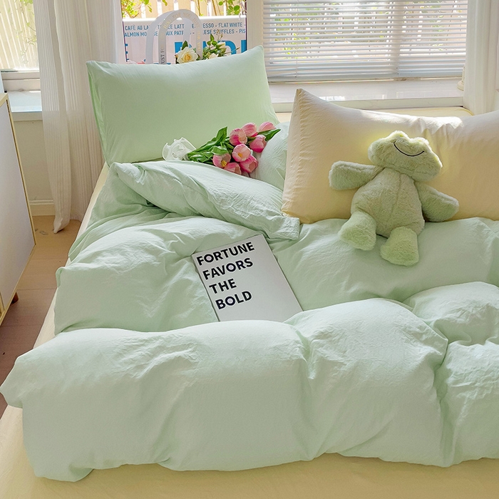 91家纺网 家纺一手货源 找家纺 森璐家纺 2024新款1ins风水洗棉四件套纯色四件套混搭素色四件套（二） 混搭-藻绿黄