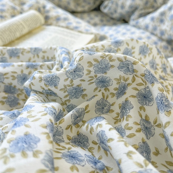 91家纺网 家纺一手货源 找家纺 麒豆豆 2024新款全棉双层纱四件套樱花-蓝