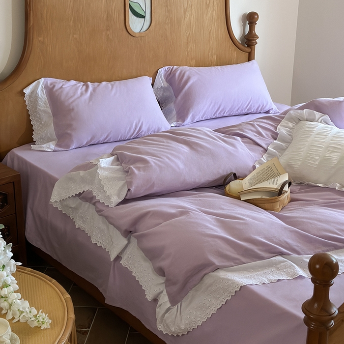 91家纺网 家纺一手货源 找家纺 窝米 2024新款全棉轻氧纱蕾丝花边款四件套系列 轻氧纱-星空紫