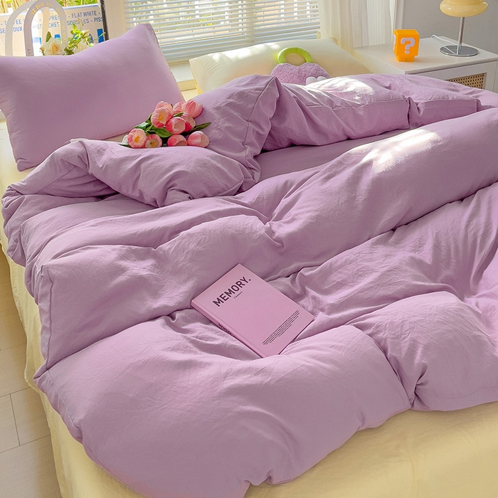 91家纺网 家纺一手货源 找家纺 森璐家纺 2024新款1ins风水洗棉四件套纯色四件套混搭素色四件套（二） 混搭-紫黄