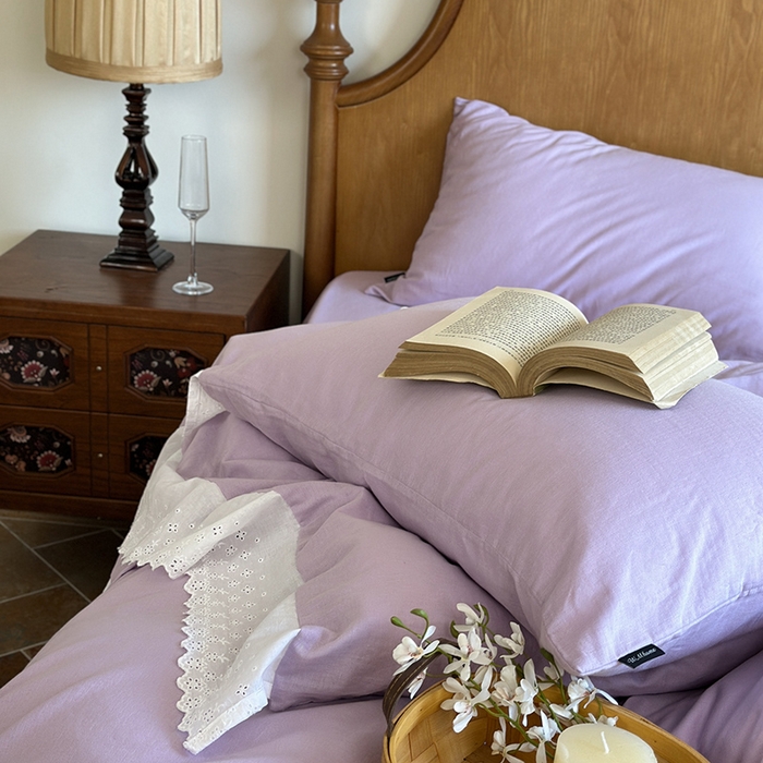 91家纺网 家纺一手货源 找家纺 窝米 2024新款全棉轻氧纱蕾丝花边款四件套系列 轻氧纱-星空紫