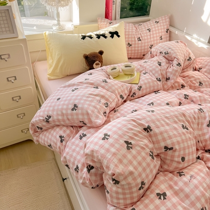 91家纺网 家纺一手货源 找家纺 （总）韩都家居 2024新款ins风超柔水洗云朵棉混搭蝴蝶结四件套