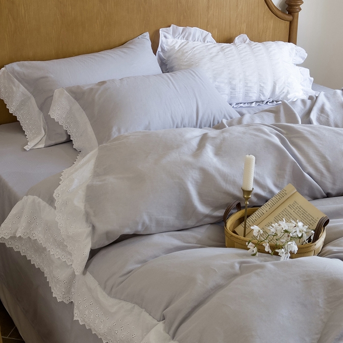 91家纺网 家纺一手货源 找家纺 窝米 2024新款全棉轻氧纱蕾丝花边款四件套系列 轻氧纱-冰川灰