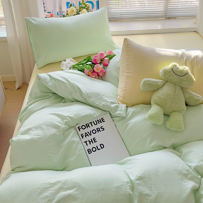 91家纺网 家纺一手货源 找家纺 森璐家纺 2024新款1ins风水洗棉四件套纯色四件套混搭素色四件套（二） 混搭-藻绿黄