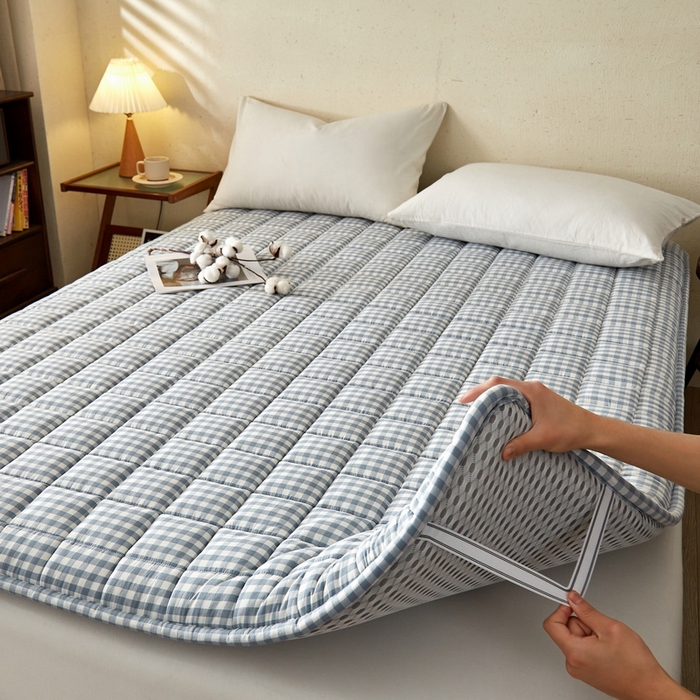 91家纺网 家纺一手货源 找家纺 祁恋婷家居 2024新款全棉水洗棉棉花床褥床垫【床垫遮盖物】系列-成人款 蓝小格