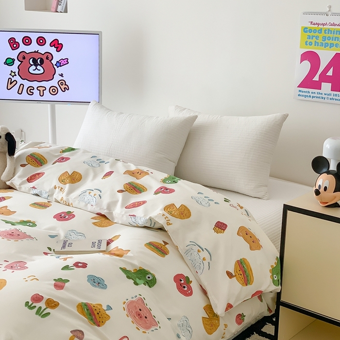 91家纺网 家纺一手货源 找家纺 窝米 2024新款韩国设计师卡通手绘单品被套系列 美食派对