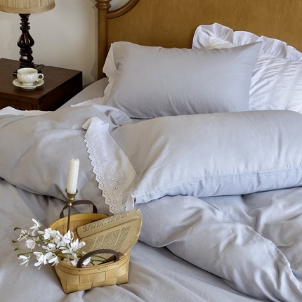 窝米 2024新款全棉轻氧纱蕾丝花边款四件套系列 轻氧纱-冰川灰