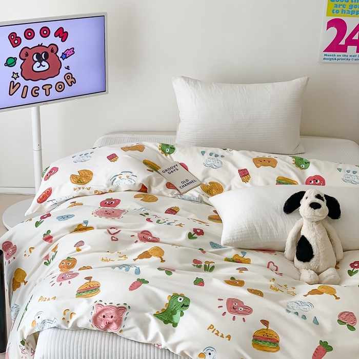 91家纺网 家纺一手货源 找家纺 窝米 2024新款韩国设计师卡通手绘单品被套系列 美食派对