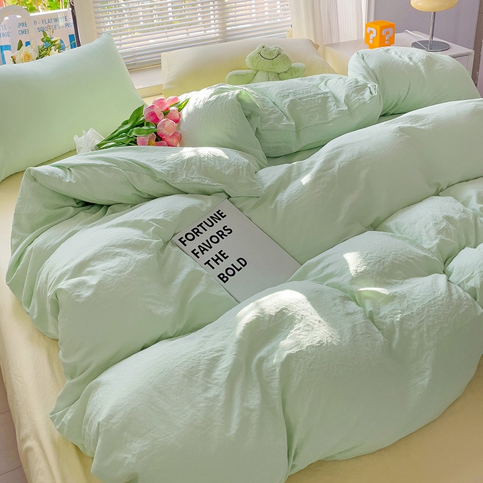 91家纺网 家纺一手货源 找家纺 森璐家纺 2024新款1ins风水洗棉四件套纯色四件套混搭素色四件套（二） 混搭-藻绿黄