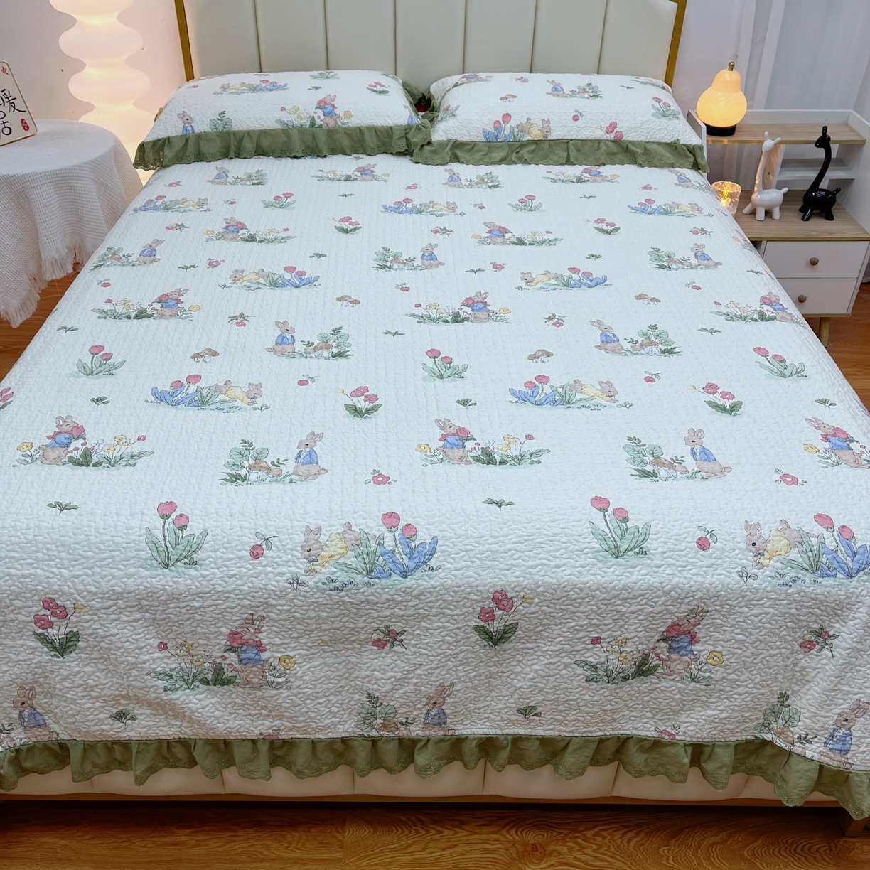 91家纺网 家纺一手货源 找家纺 暖居 2024新款砂洗棉花被套全棉床盖四件套绗缝夹棉纯棉床盖三件套 幸运兔