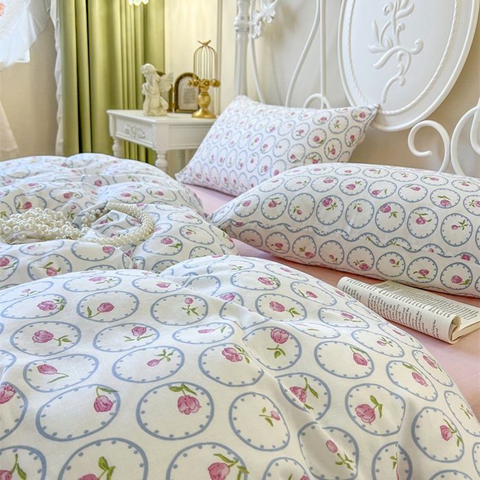 91家纺网 家纺一手货源 找家纺 麒豆豆 2024新款全棉双层纱四件套花千朵