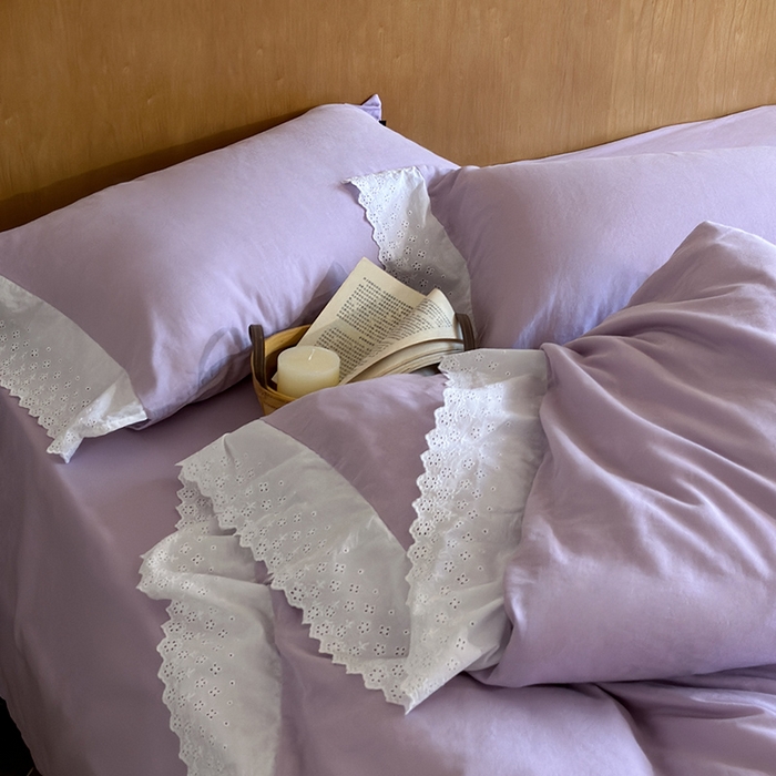 91家纺网 家纺一手货源 找家纺 窝米 2024新款全棉轻氧纱蕾丝花边款四件套系列 轻氧纱-星空紫
