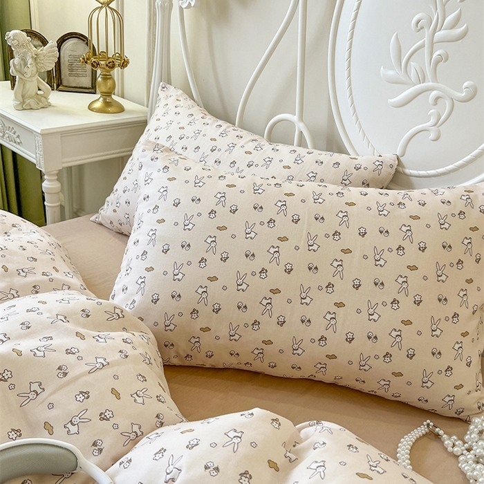 91家纺网 家纺一手货源 找家纺 麒豆豆 2024新款全棉双层纱四件套花朵兔-玉