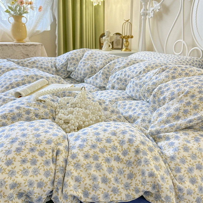 91家纺网 家纺一手货源 找家纺 麒豆豆 2024新款全棉双层纱四件套樱花-蓝