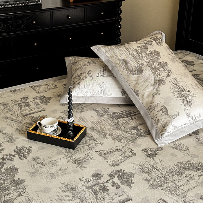 91家纺网 家纺一手货源 找家纺 圆岛家纺 2024新款900D复古手绘系列冰丝凉席 塞纳花园灰