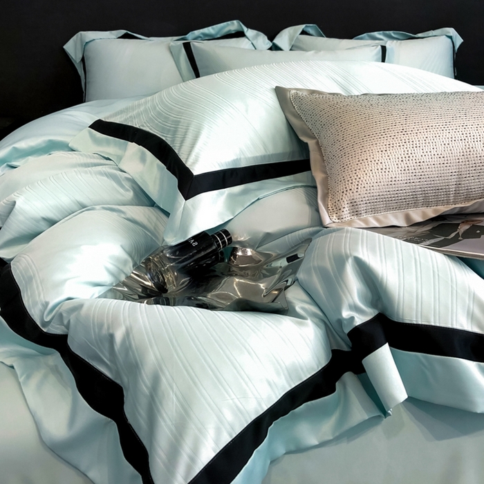 91家纺网 家纺一手货源 找家纺 遇见家居生活馆 2024新款贡缎压花水洗真丝四件套 秋水-梵星蓝