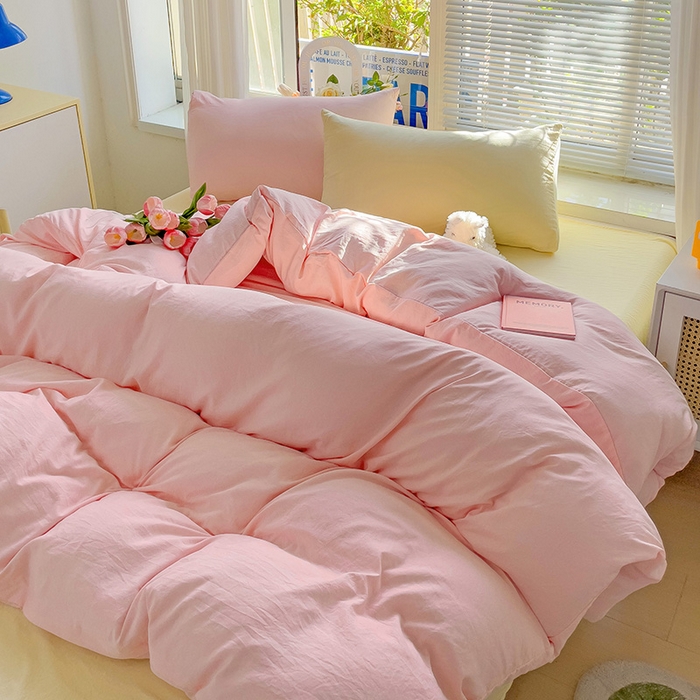 91家纺网 家纺一手货源 找家纺 森璐家纺 2024新款1ins风水洗棉四件套纯色四件套混搭素色四件套（二） 混搭-粉黄