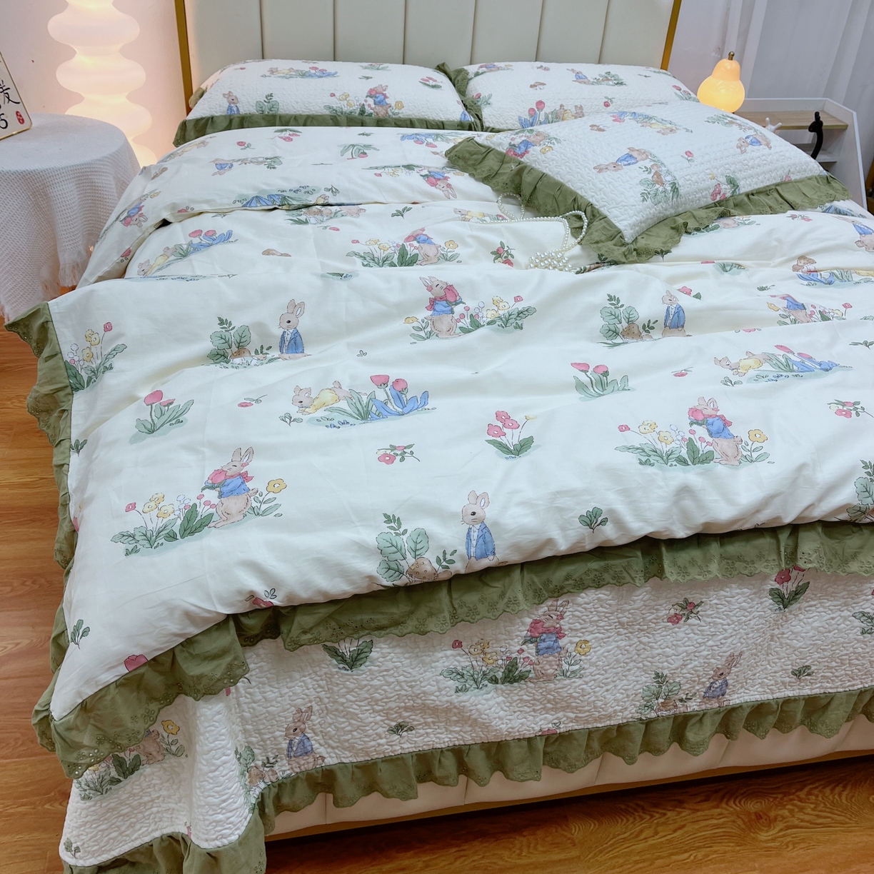 91家纺网 家纺一手货源 找家纺 暖居 2024新款砂洗棉花被套全棉床盖四件套绗缝夹棉纯棉床盖三件套 幸运兔