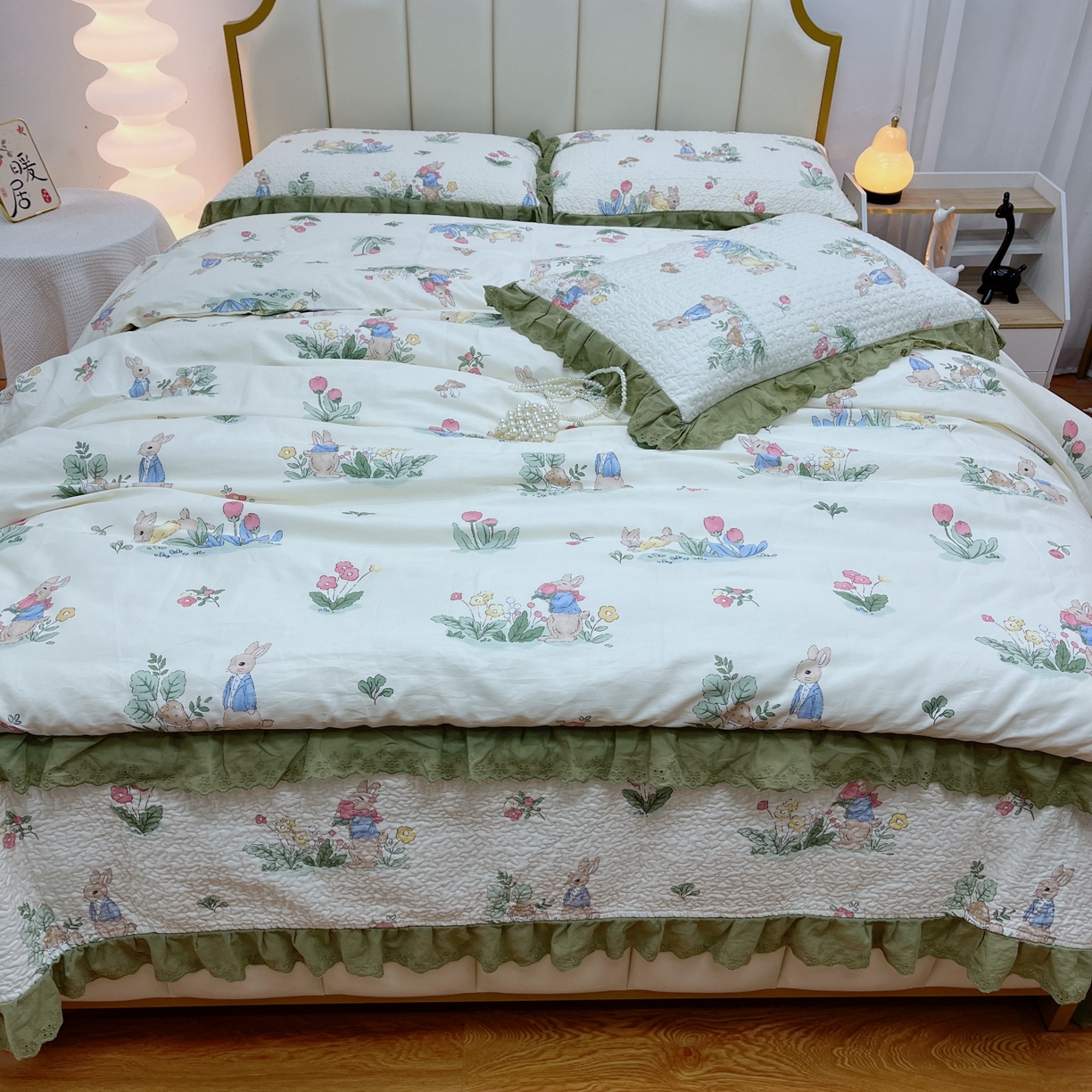 91家纺网 家纺一手货源 找家纺 暖居 2024新款砂洗棉花被套全棉床盖四件套绗缝夹棉纯棉床盖三件套 幸运兔