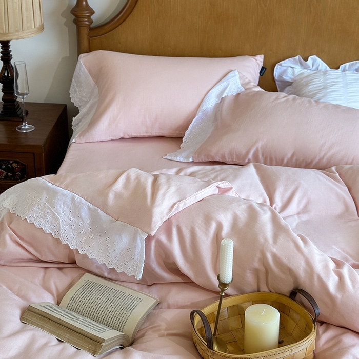 91家纺网 家纺一手货源 找家纺 窝米 2024新款全棉轻氧纱蕾丝花边款四件套系列 轻氧纱-白桃粉