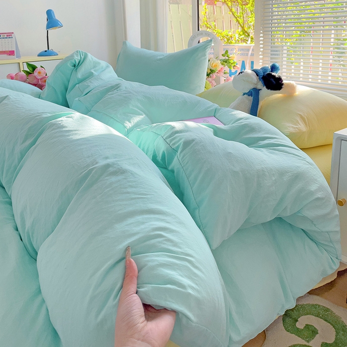 91家纺网 家纺一手货源 找家纺 森璐家纺 2024新款1ins风水洗棉四件套纯色四件套混搭素色四件套（二） 混搭-水绿黄