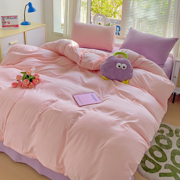91家纺网 家纺一手货源 找家纺 森璐家纺 2024新款1ins风水洗棉四件套纯色四件套混搭素色四件套（二） 混搭-粉紫