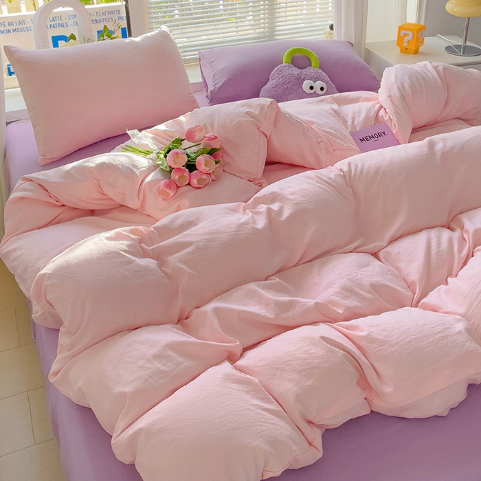 91家纺网 家纺一手货源 找家纺 森璐家纺 2024新款1ins风水洗棉四件套纯色四件套混搭素色四件套（二） 混搭-粉紫