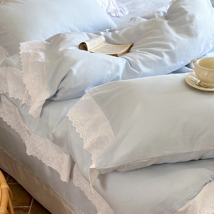 91家纺网 家纺一手货源 找家纺 窝米 2024新款全棉轻氧纱蕾丝花边款四件套系列 轻氧纱-海湾蓝