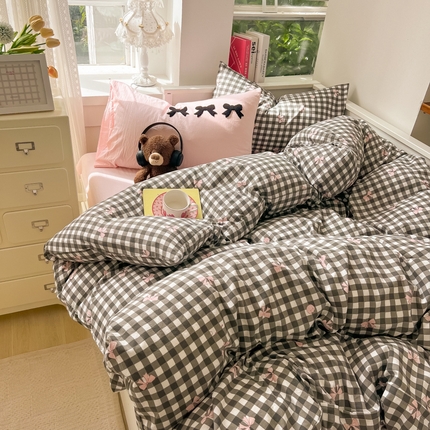 91家纺网 家纺一手货源 找家纺 （总）韩都家居 2024新款ins风超柔水洗云朵棉混搭蝴蝶结四件套