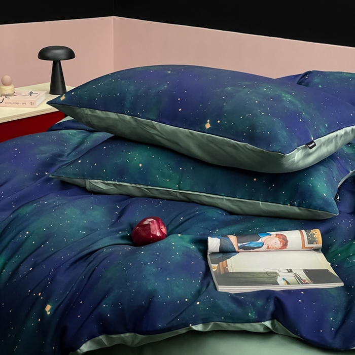 91家纺网 家纺一手货源 找家纺 圆岛家纺2024新款60S数码印花四件套 极光星河