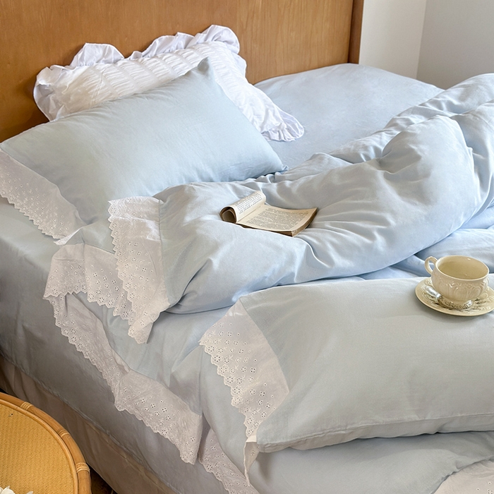 91家纺网 家纺一手货源 找家纺 窝米 2024新款全棉轻氧纱蕾丝花边款四件套系列 轻氧纱-海湾蓝