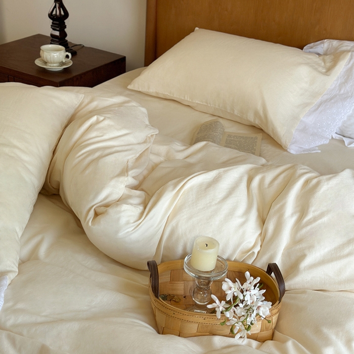 91家纺网 家纺一手货源 找家纺 窝米 2024新款全棉轻氧纱蕾丝花边款四件套系列 轻氧纱-奶茶白