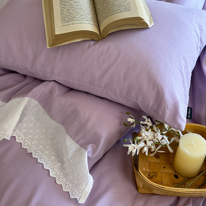 91家纺网 家纺一手货源 找家纺 窝米 2024新款全棉轻氧纱蕾丝花边款四件套系列 轻氧纱-星空紫
